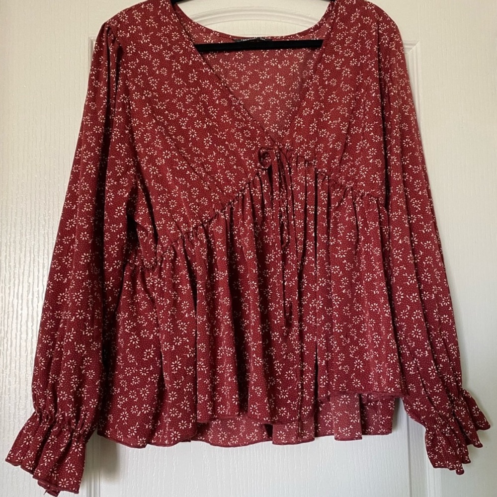 🔴 CLEARANCE SHEIN CURVE 💋 DARK RED & WHITE FLORAL GATHERED WAIST BLOUSE TOP 2X - Picture 9 of 10